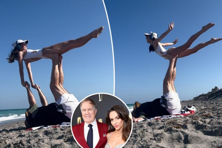 Bill Belichick helps Jordon Hudson with acrobatic stunts during Florida beach trip