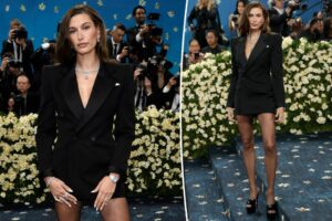 Hailey Bieber wears blazer dress on the Met Gala 2025 red carpet